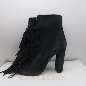 Chloe Round Toe Fringe Ankle Booties Charcoal Grey Suede 40 $1090